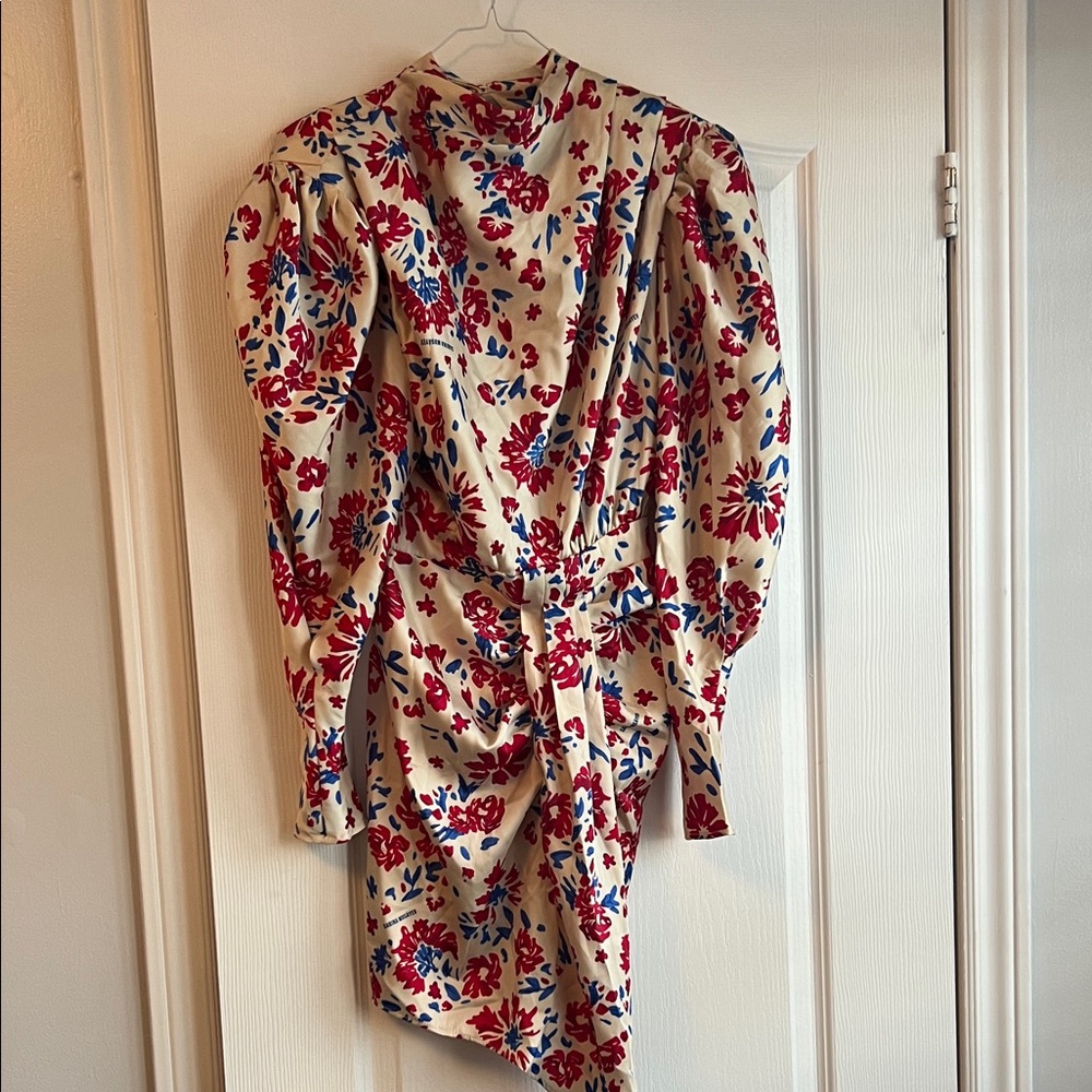 Sabina Musayev Cream Dress with Red and Blue Floral Design